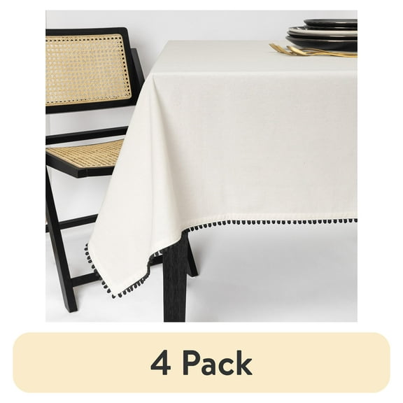 (4 pack) Thyme & Table 84" Rectangle Tablecloth, Ivory with Black Pom Pom Trim