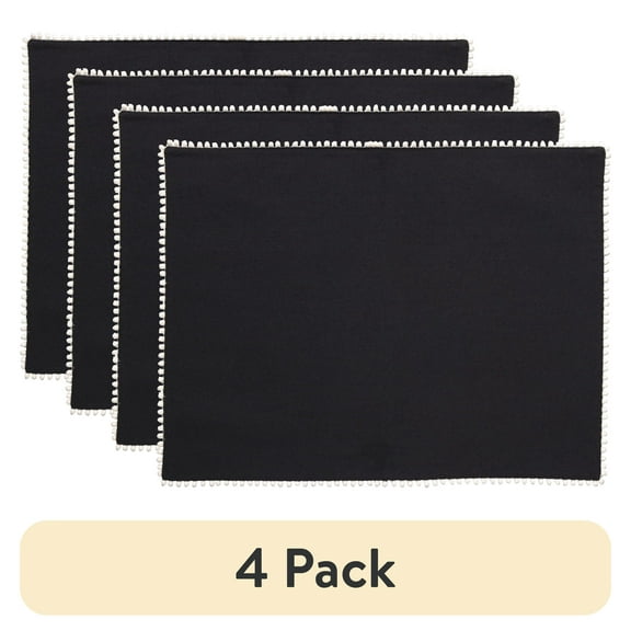 (4 pack) Thyme & Table Placemat, Ivory with Black Pom Pom Trim, 14 x 19"