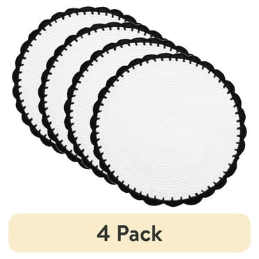 (4 pack) Thyme & Table Placemat, White Crochet with Black Trim, 15" Round