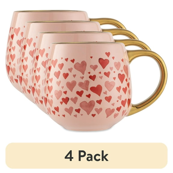 (4 pack) Thyme & Table 16 fl oz Hearts Ceramic Mug with Gold Handle