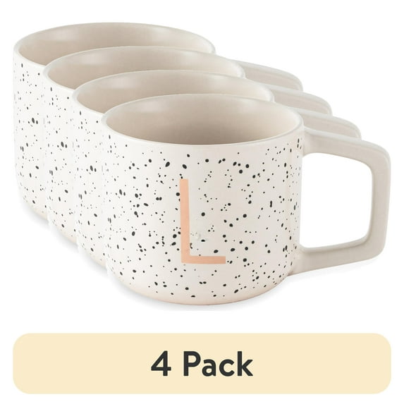 (4 pack) Thyme & Table 13.5 fl oz Monogram L White Speckled Stoneware Mug