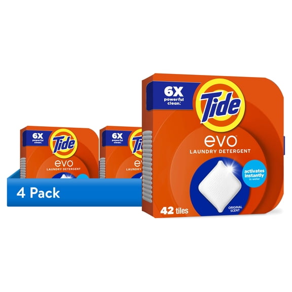 (4 pack) Tide Evo Laundry Detergent Tiles, 100% Concentrated, 6X Cleaning Power, Original Tide Scent, 42 Count