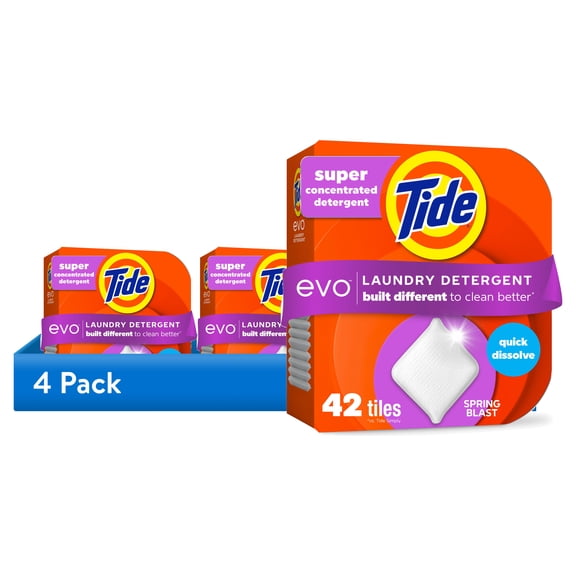 (4 pack) Tide evo Laundry Detergent Tiles, 100% Concentrated, 6X Cleaning Power, Spring Blast Scent, 42 Count