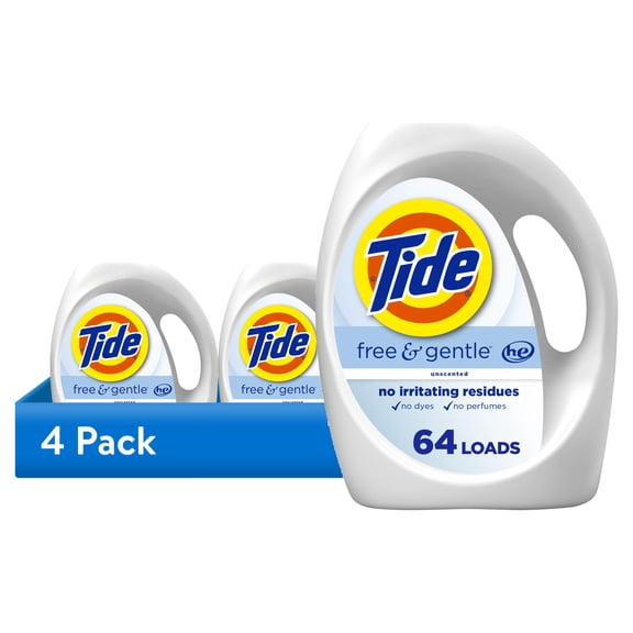 (4 pack) Tide Free & Gentle Laundry Detergent Liquid for Sensitive Skin, Hypoallergenic, Unscented, 84 fl oz, 64 Loads