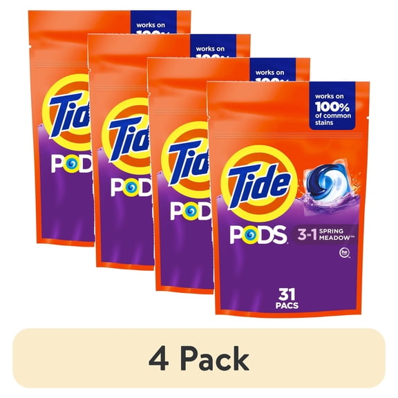 (4 pack) Tide PODS Liquid Laundry Detergent Packs, Spring Meadow Scent, 31 Count