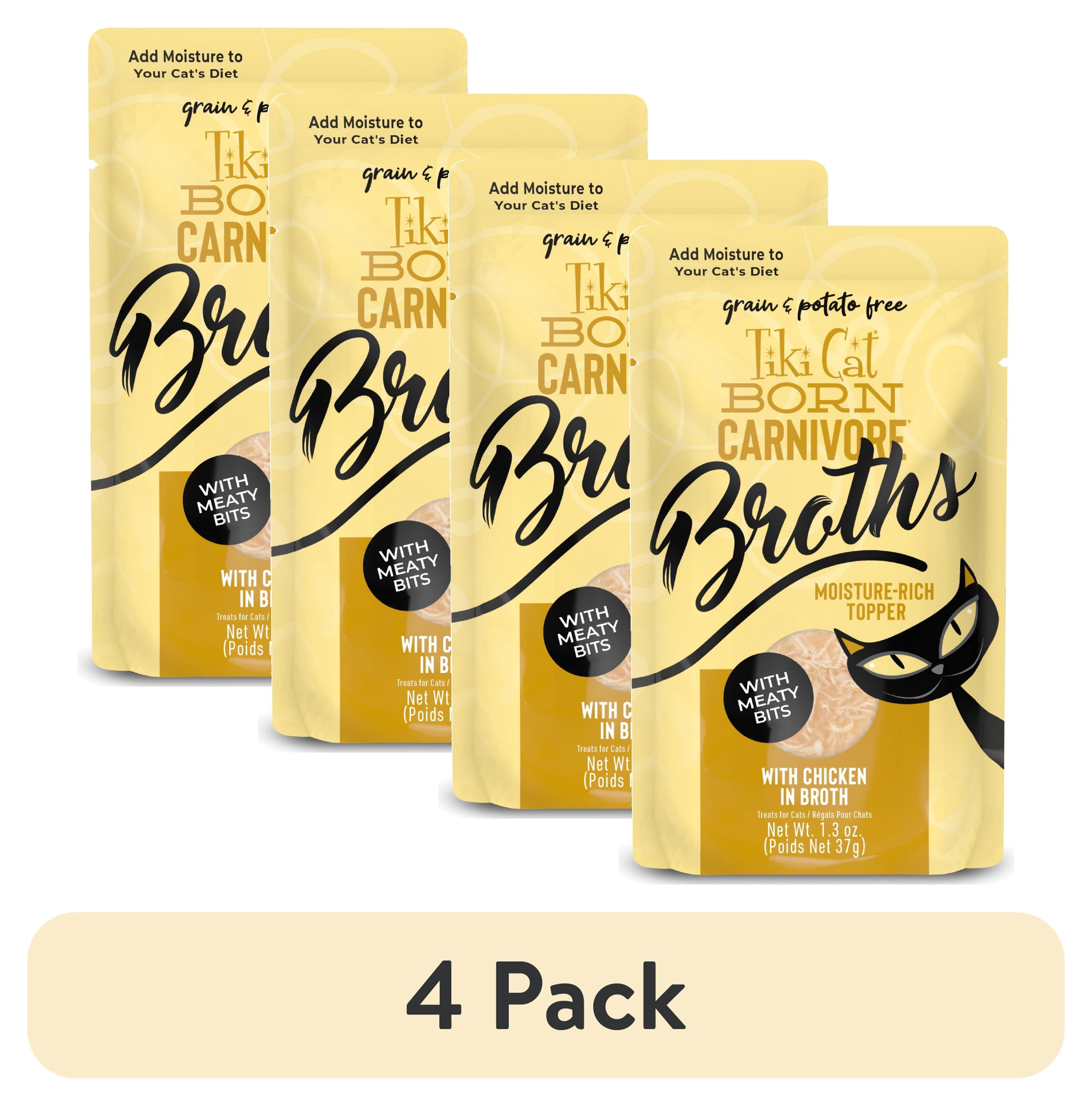 (4 pack) Tiki Cat Born Carnivore Broths Wet Cat Food Topper, Chicken, 1.3 oz. Pouch