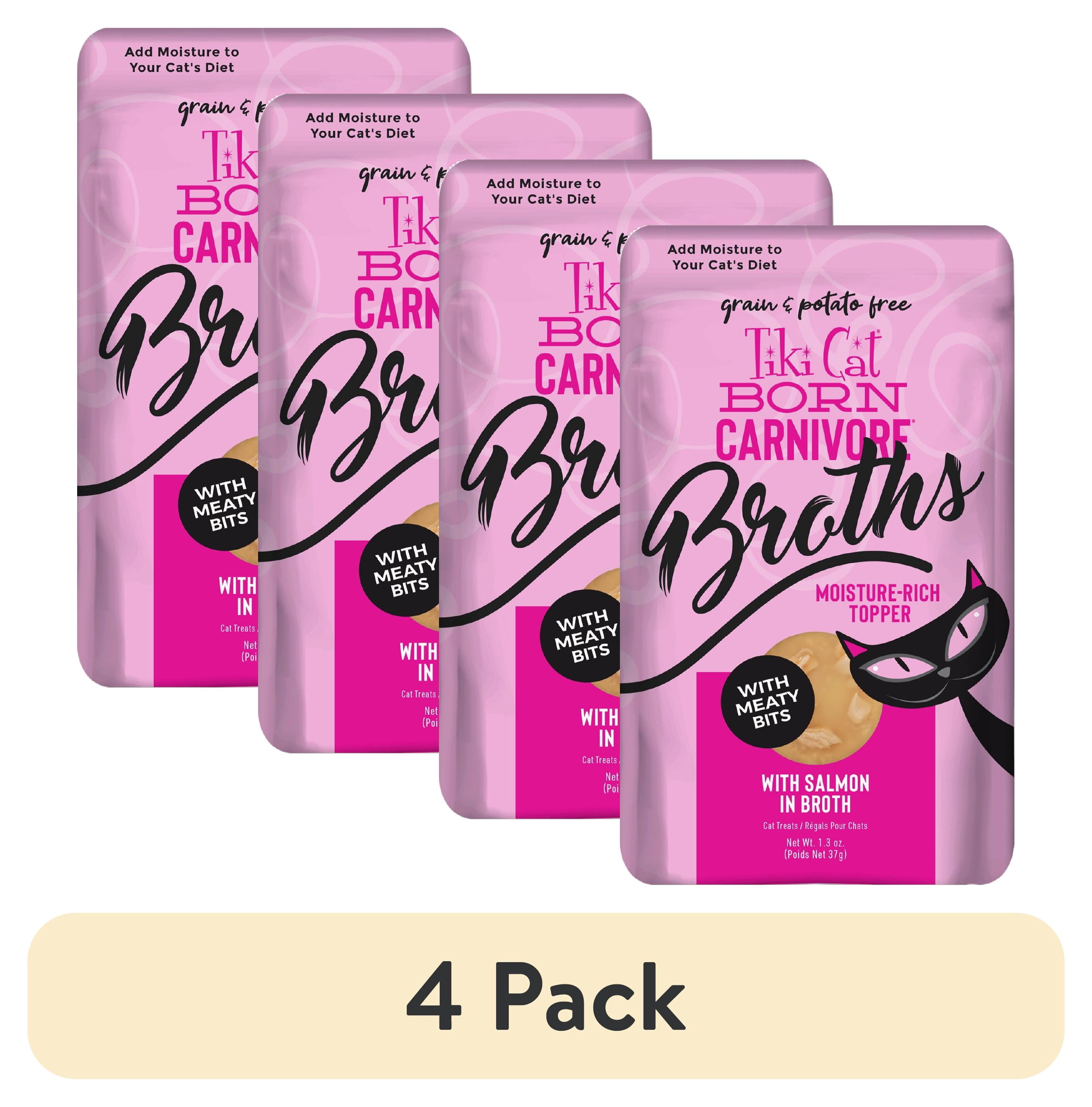 (4 pack) Tiki Cat Born Carnivore Broths Wet Cat Food Topper, Salmon, 1.3 oz. Pouch