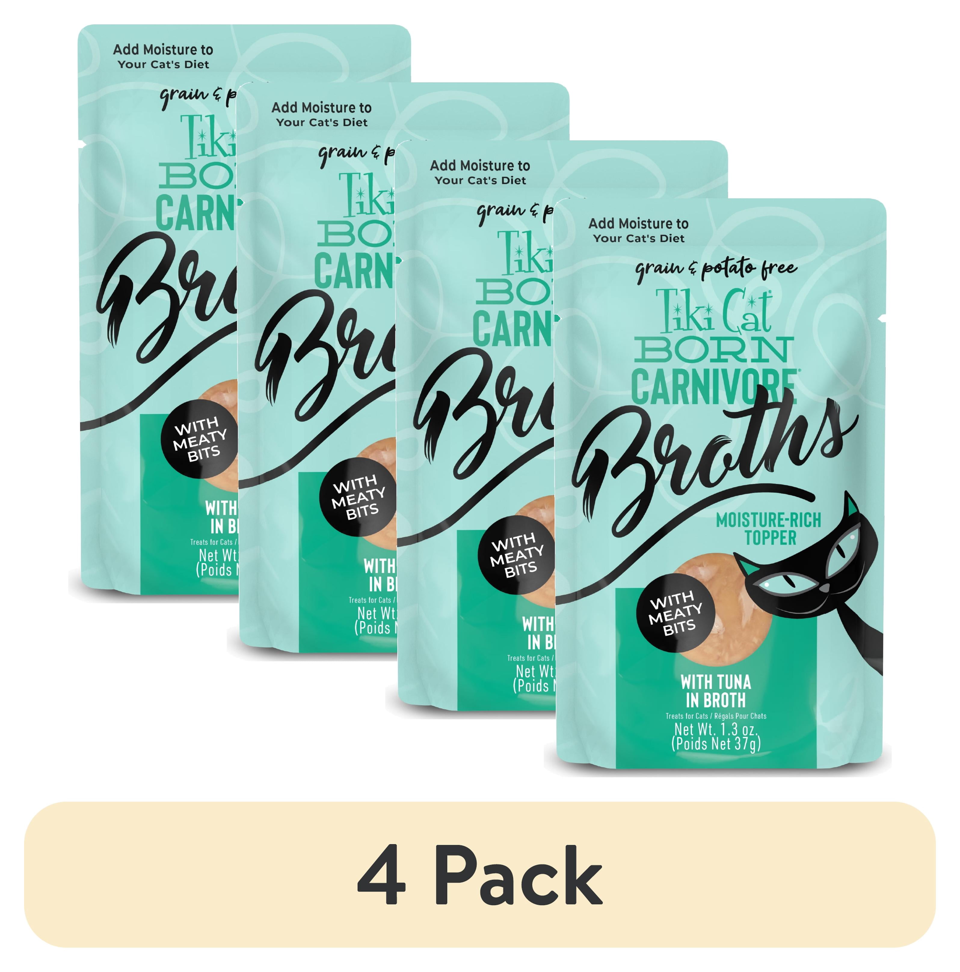 (4 pack) Tiki Cat Born Carnivore Broths Wet Cat Food Topper, Tuna, 1.3 oz. Pouch