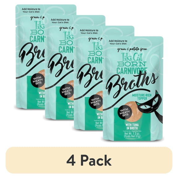 (4 pack) Tiki Cat Born Carnivore Broths Wet Cat Food Topper, Tuna, 1.3 oz. Pouch
