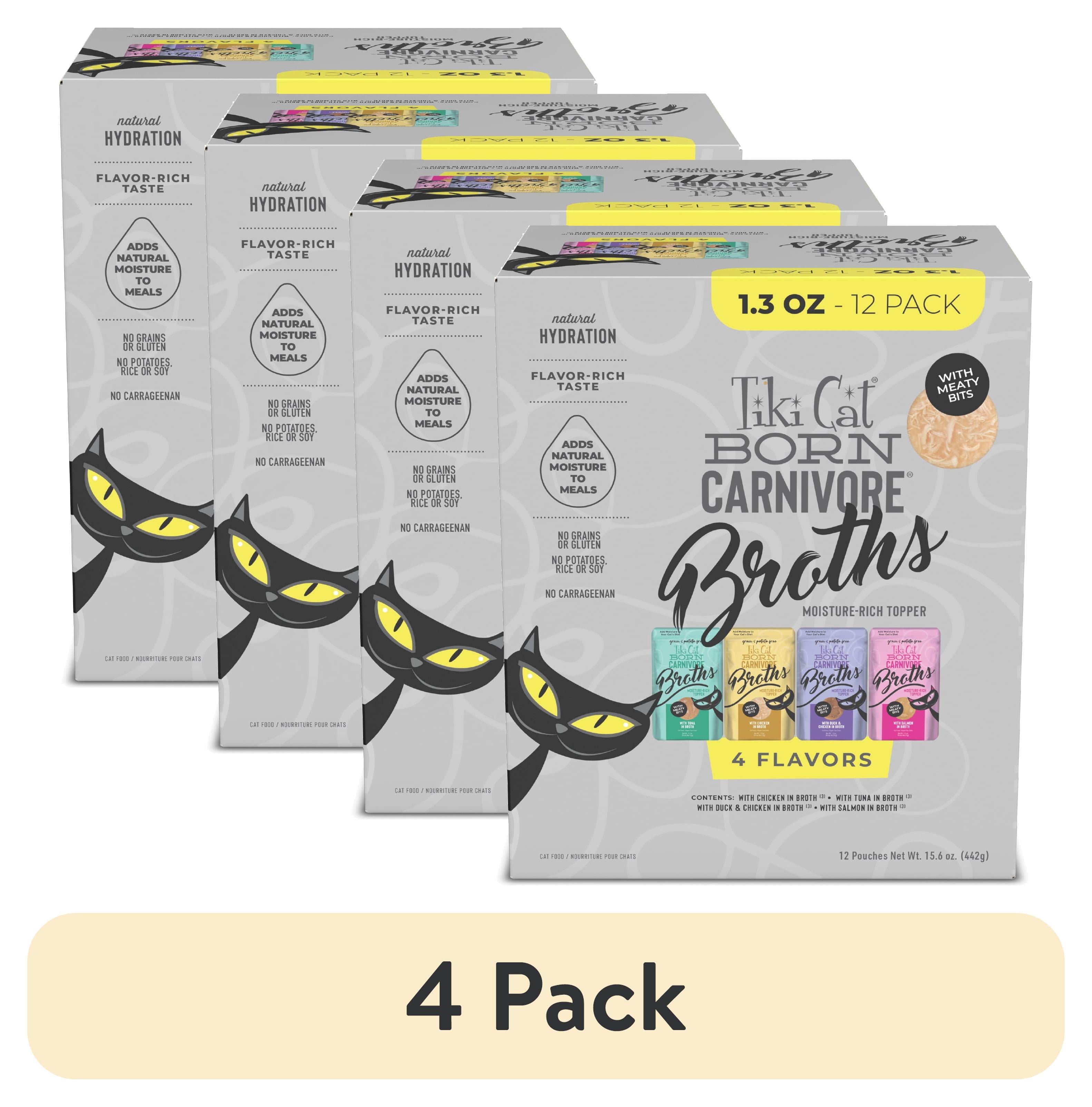 (4 pack) Tiki Cat Born Carnivore Broths Wet Cat Food Toppers, Variety Pack, 1.3 oz. Pouch (12 Pack)