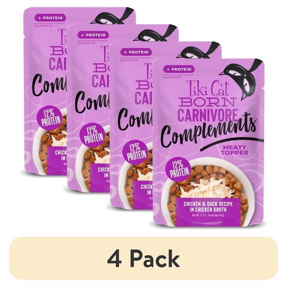 (4 pack) Tiki Cat Born Carnivore Complements Wet Cat Food Topper, Chicken & Duck 2.1 oz. Pouch