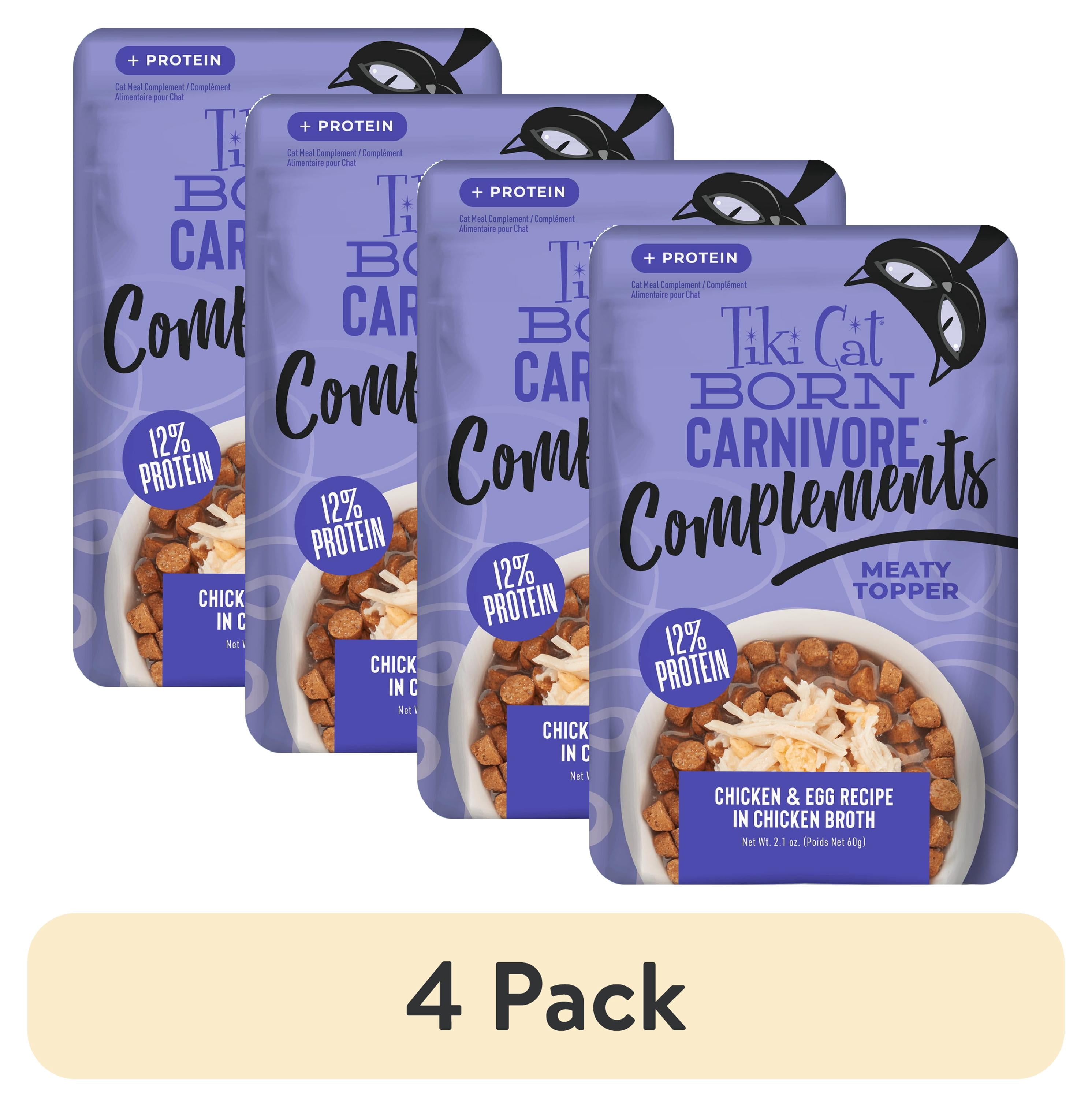 (4 pack) Tiki Cat Born Carnivore Complements Wet Cat Food Topper, Chicken & Egg 2.1 oz. Pouch