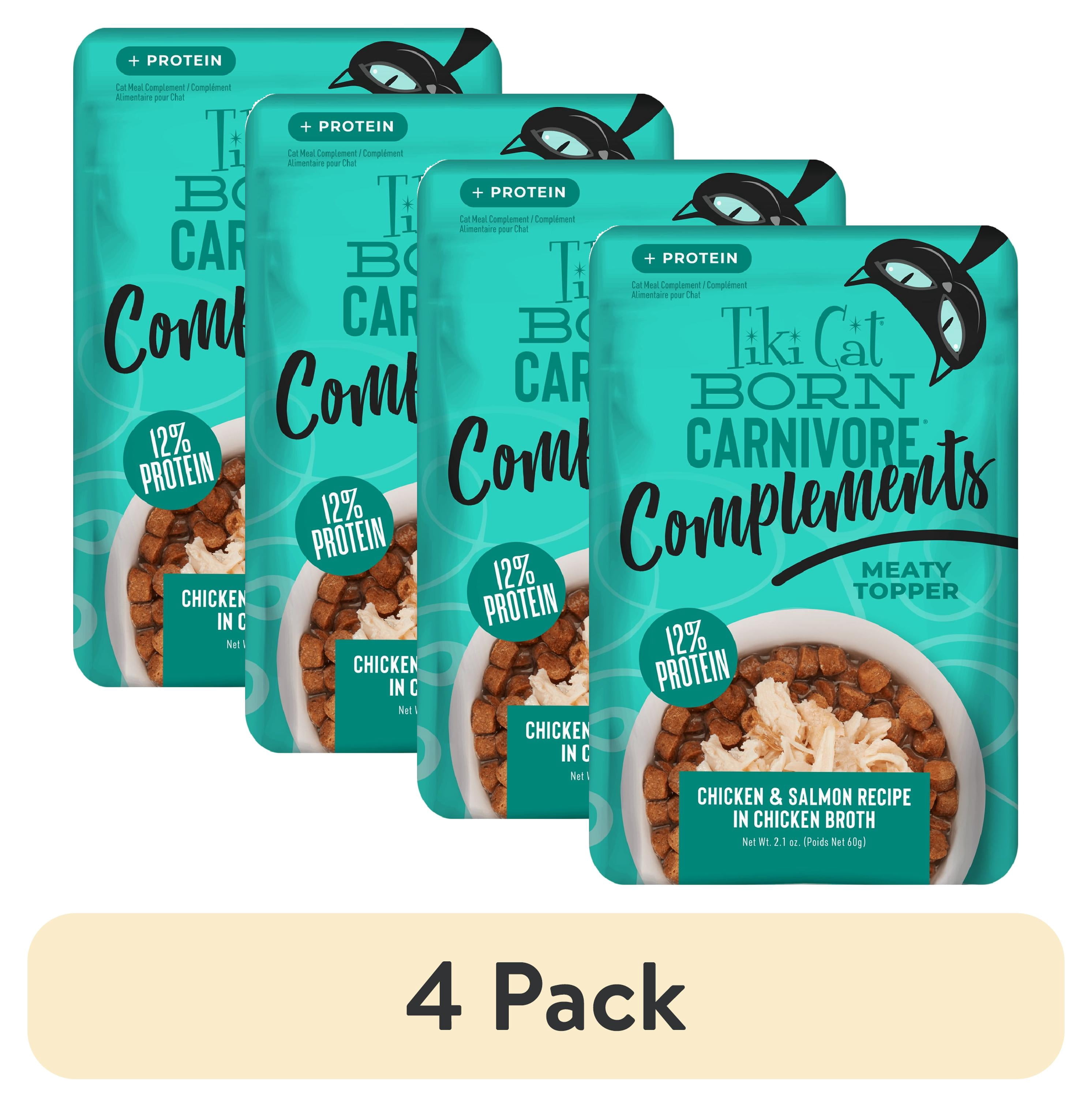 (4 pack) Tiki Cat Born Carnivore Complements Wet Cat Food Topper, Chicken & Salmon 2.1 oz. Pouch