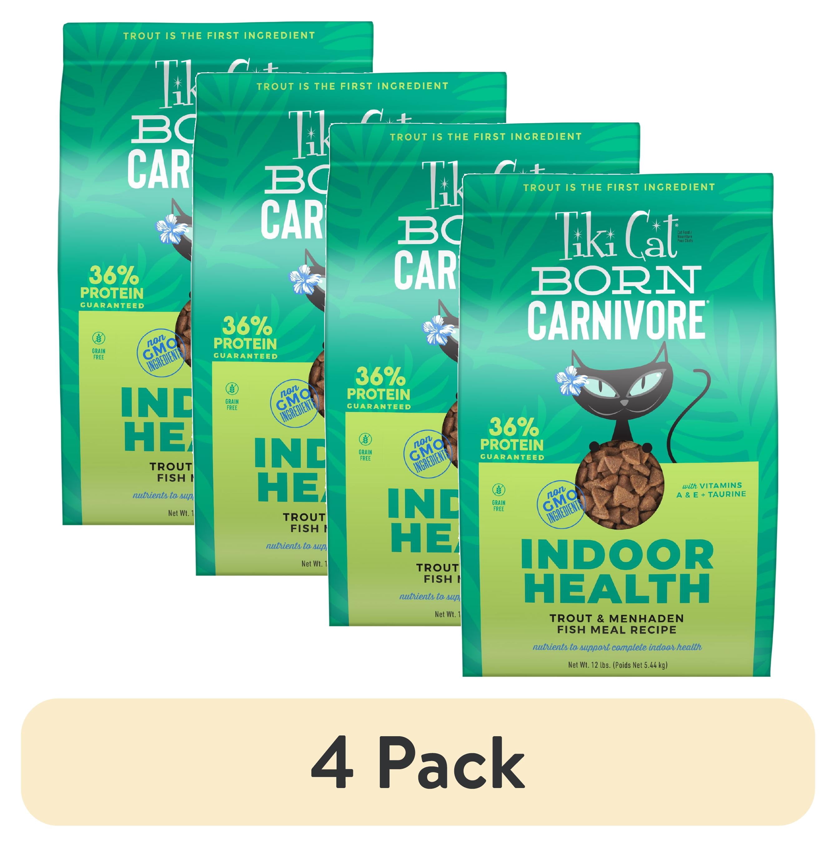 (4 pack) Tiki Cat Born Carnivore Indoor Health Dry Cat Food, Trout & Menhaden Fish Meal, 12 lbs. Bag