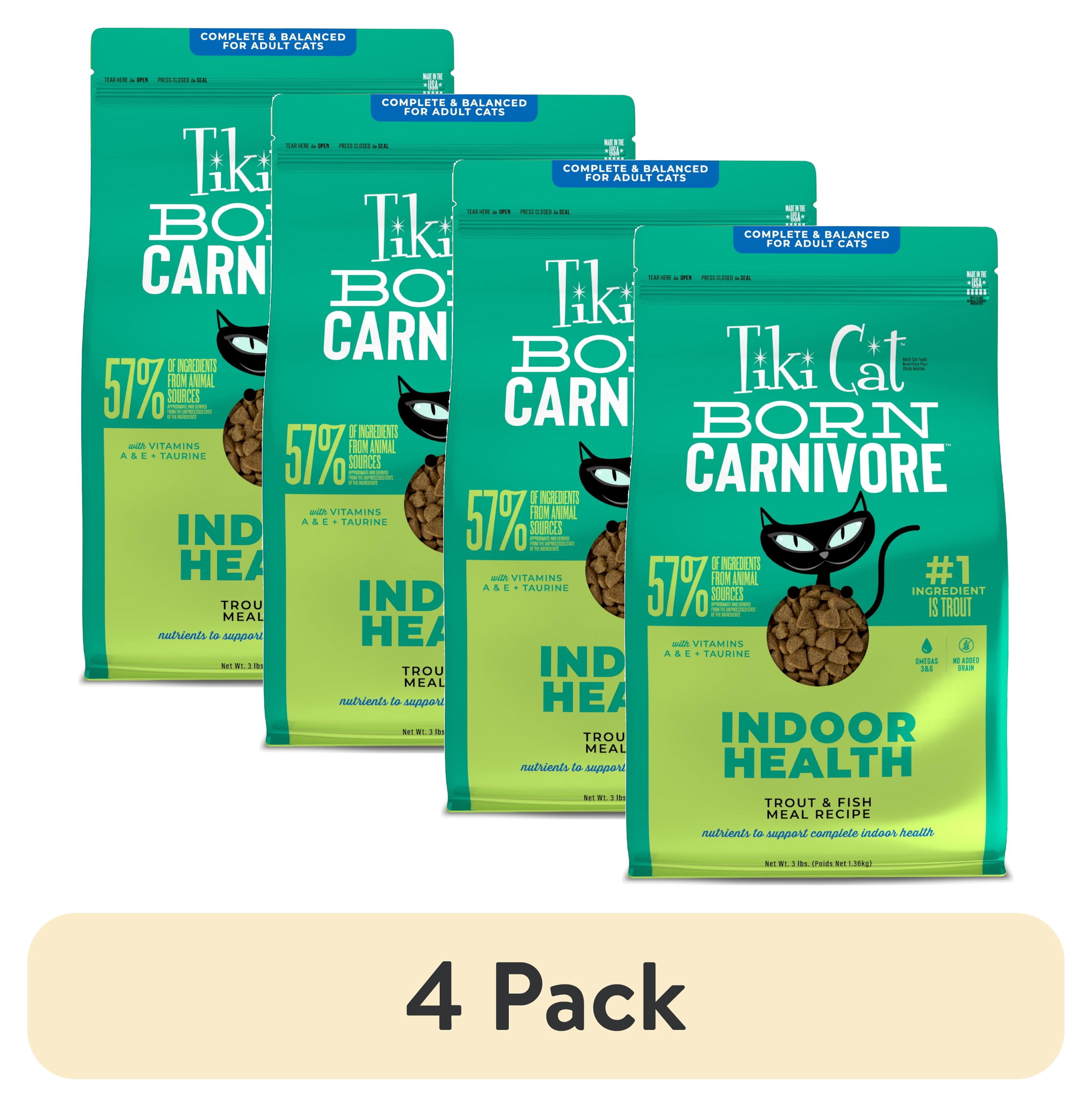 (4 pack) Tiki Cat Born Carnivore Indoor Health Dry Cat Food, Trout & Menhaden Fish Meal, 3 lbs. Bag