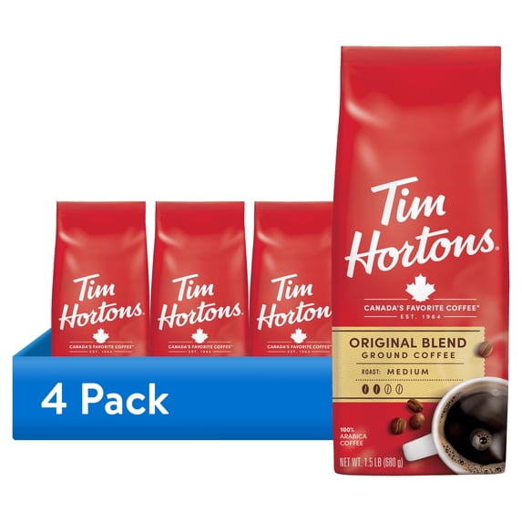 (4 pack) Tim Hortons Original Blend Ground Coffee, 100% Arabica Medium Roast, 24 oz Bag