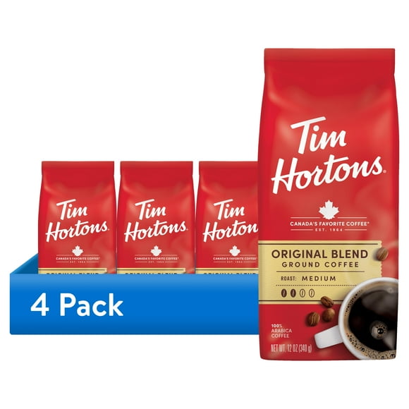 (4 pack) Tim Hortons 100% Arabica Original Blend Medium Roast Ground Coffee, 24 Oz, Bag