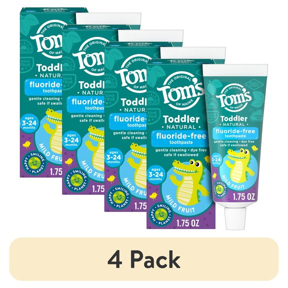 (4 pack) Tom’s of Maine Fluoride Free Toddler Training Toothpaste, Mild Fruit Gel, 1.75 oz