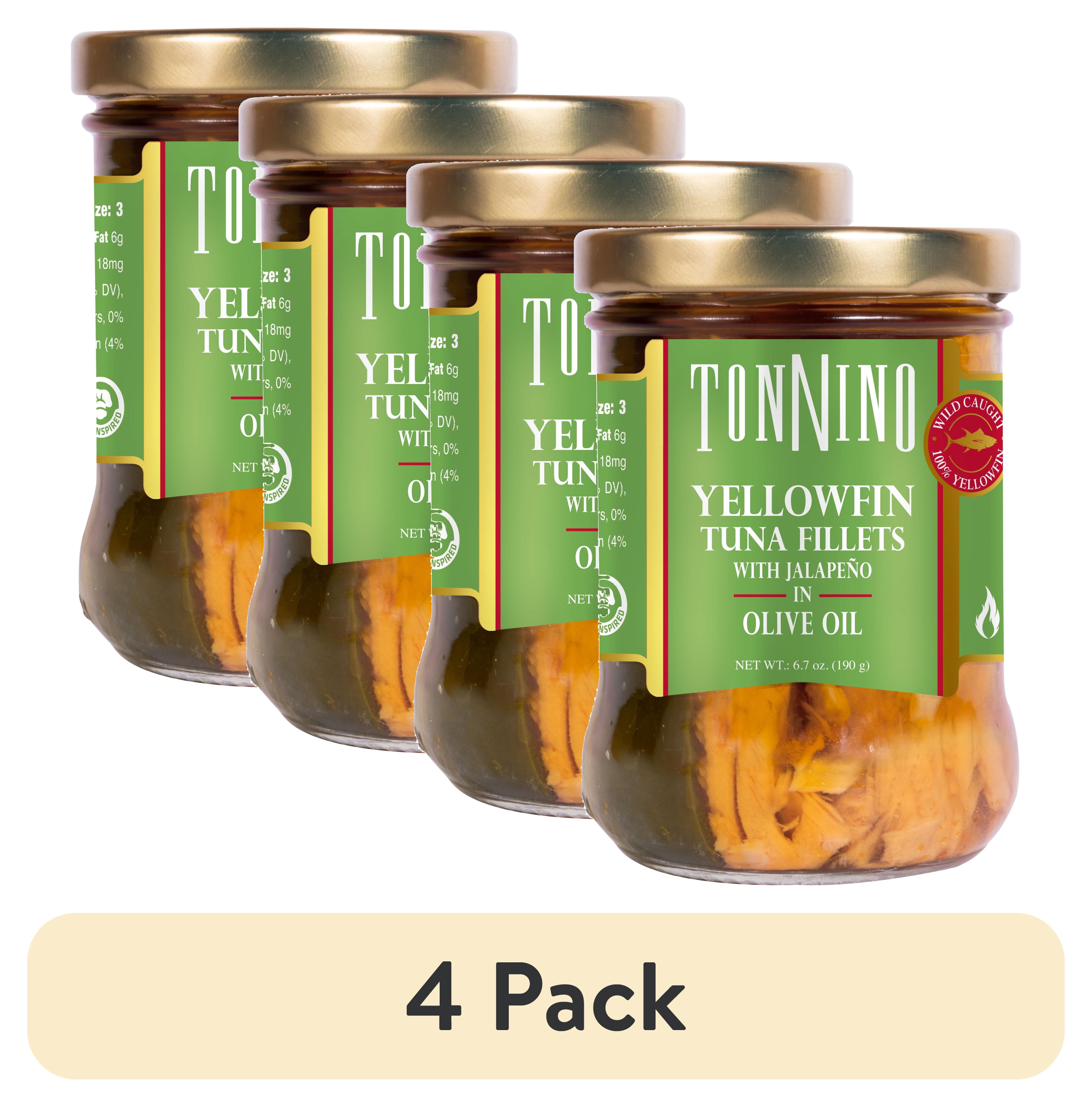 (4 pack) Tonnino Premium Yellowfin Tuna Fillet with Jalapeno in Olive Oil, Wild Caught, 6.7 oz Jar, Gluten-Free