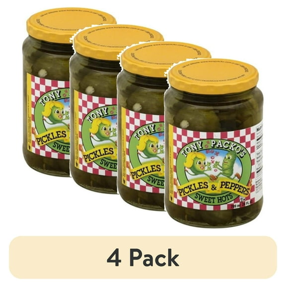 (4 pack) Tony Packo Sweet Hot Pickles and Peppers, 24 Ounce Glass Jar, Kosher Certified, Serving Size 2 Chunks