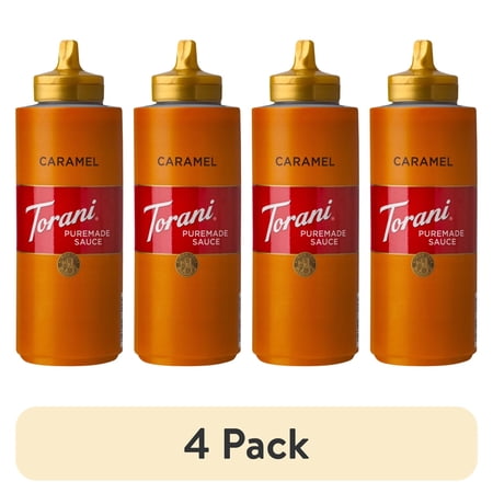 (4 pack) Torani Puremade Caramel Sauce, Authentic Coffeehouse Sauce and Dessert Topping, Plastic Squeeze Bottle, 16.5 oz