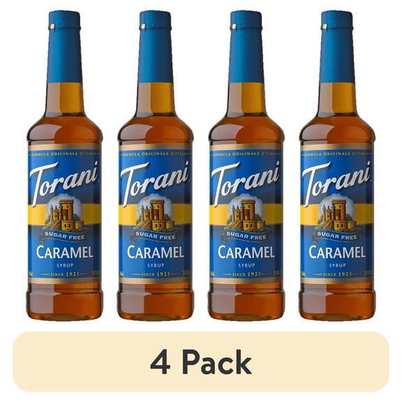 (4 pack) Torani Sugar Free Caramel Syrup, Plastic Bottle, Coffee Flavoring Syrup, No Known Allergens, 25.4 fl oz