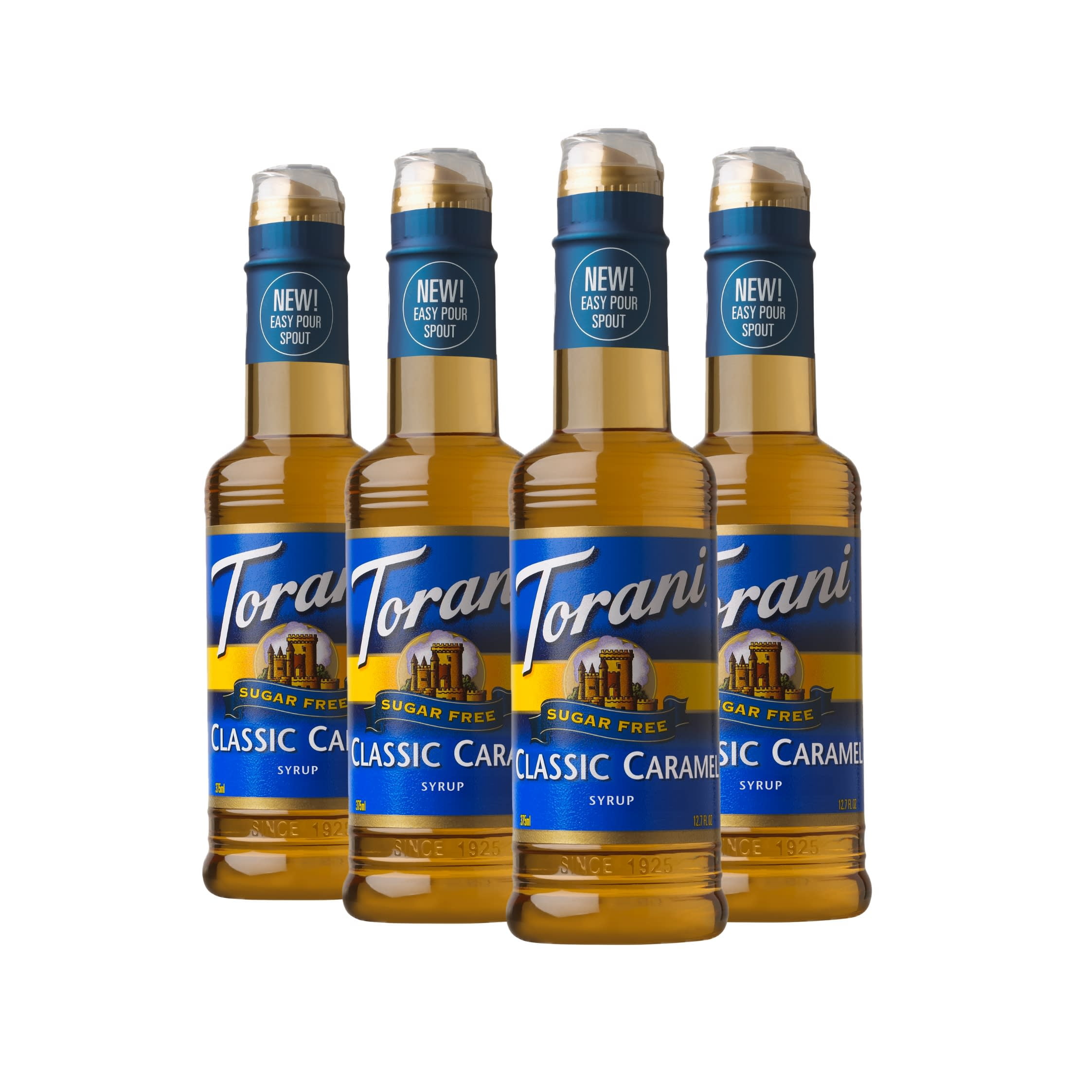 (4 pack) Torani Sugar Free Classic Caramel Syrup, Zero Calorie, Authentic Coffeehouse Syrup, 12.7 oz