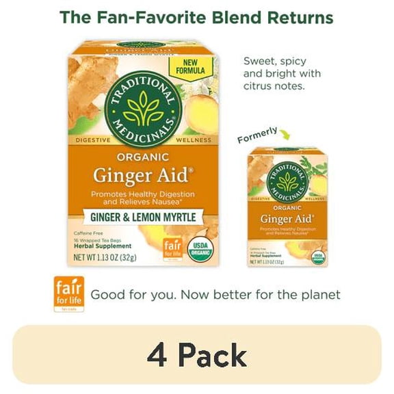(4 pack) Traditional Medicinal Herbal Ginger Aid, Organic Tea Bags, 16 Count