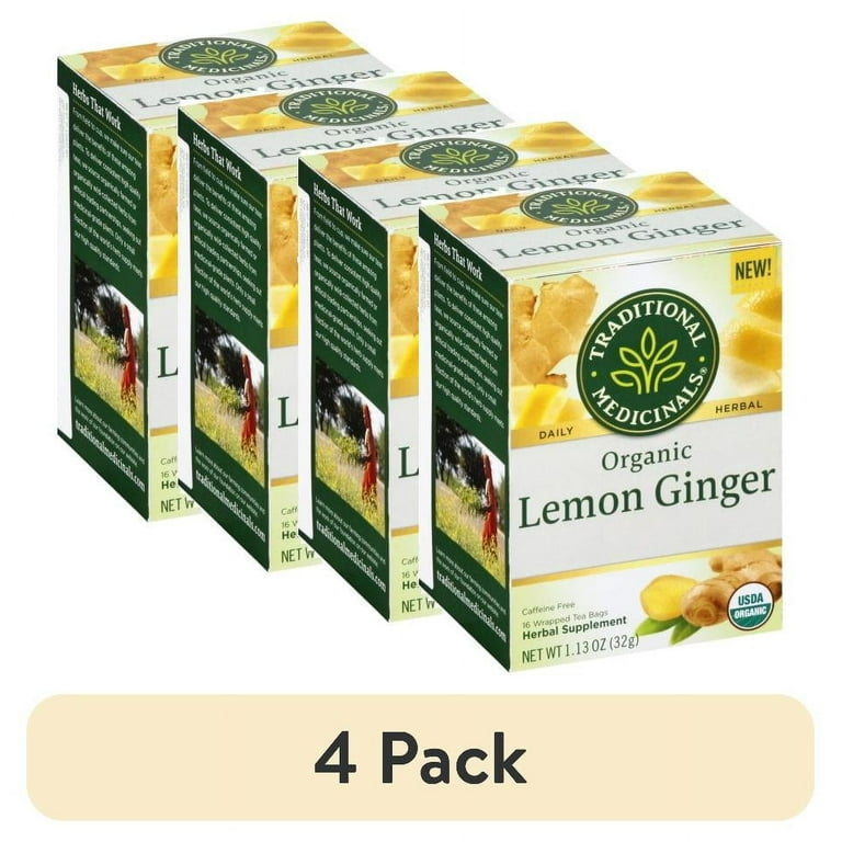 4 pack) Traditional Medicinal Lemon Ginger, Caffeine-Free Tea Bags