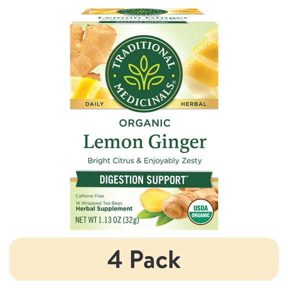 (4 pack) Traditional Medicinals Lemon Ginger Herbal Tea Bags, Caffeine-Free, 16 Count