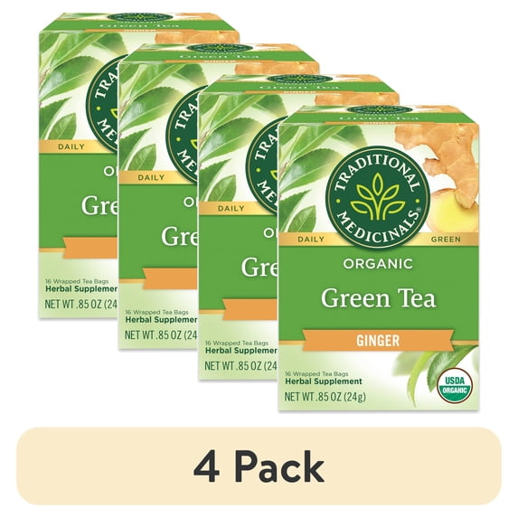 (4 pack) Traditional Medicinals Tea, Organic Green Tea Ginger, Tea Bags, 16 Count