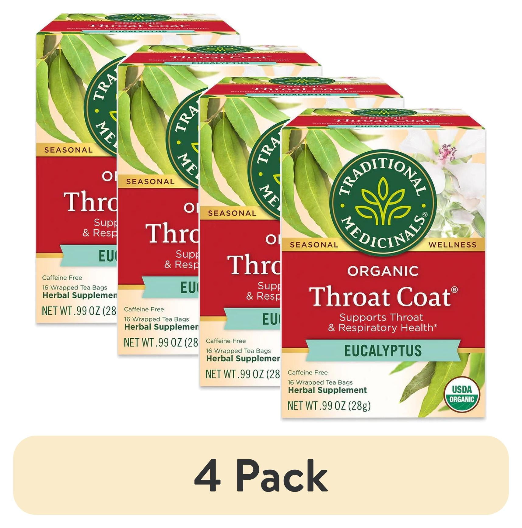 (4 pack) Traditional Medicinals Tea, Organic Throat Coat Eucalyptus, Tea Bags, 16 Count