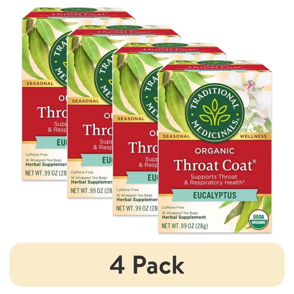 (4 pack) Traditional Medicinals Tea, Organic Throat Coat Eucalyptus, Tea Bags, 16 Count
