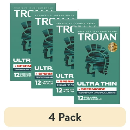 (4 pack) Trojan Ultra Thin Plus Spermicide Latex Lubricated Condoms for Men, 12 Count