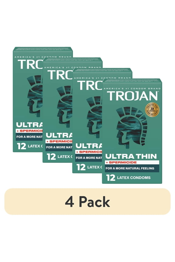 (4 pack) Trojan Ultra Thin Plus Spermicide Latex Lubricated Condoms for Men, 12 Count