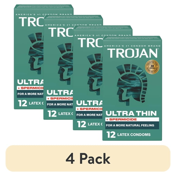 (4 pack) Trojan Ultra Thin Plus Spermicide Latex Lubricated Condoms for Men, 12 Count