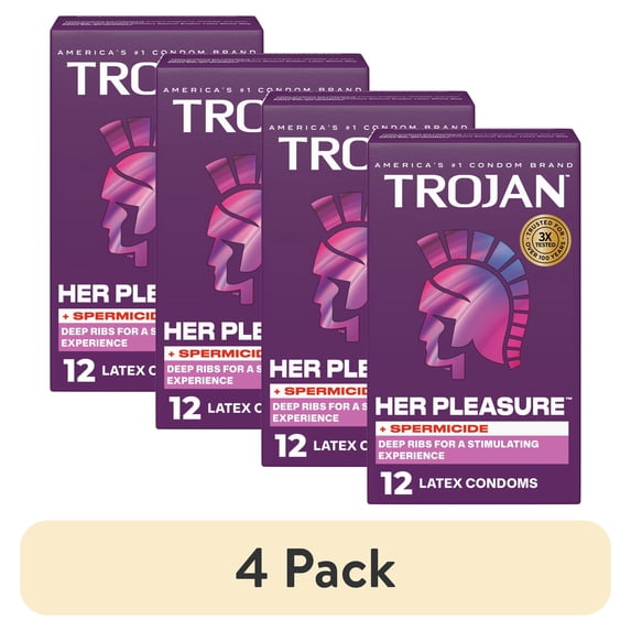 (4 pack) Trojan Her Pleasure Plus Spermicide Latex Lubricated Ribbed Condoms, 12 count
