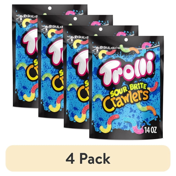 (4 pack) Trolli Sour Brite Crawlers, Candy, Cherry-Lemon, Strawberry-Grape & Orange-Lime, Sweet and Sour, Gummy Worms, 14 oz Bag