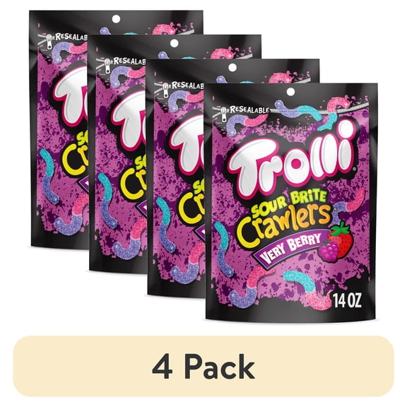 (4 pack) Trolli Sour Brite Crawlers, Candy, Very Berry, Sweet and Sour, Gummy Worms, 14 oz Bag