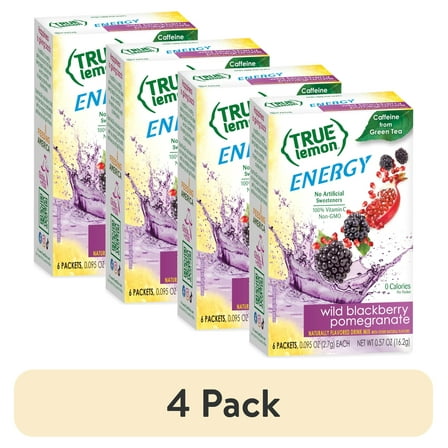 (4 pack) True Lemon Wild Blackberry Pomegranate Energy Drink Mix Powder, No Artificial Sweeteners, 6 Count