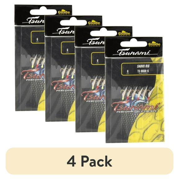 (4 pack) Tsunami Guide Series Sabiki Rig Fishing Lure with Green Glow Head and Flash Tail - Size 6