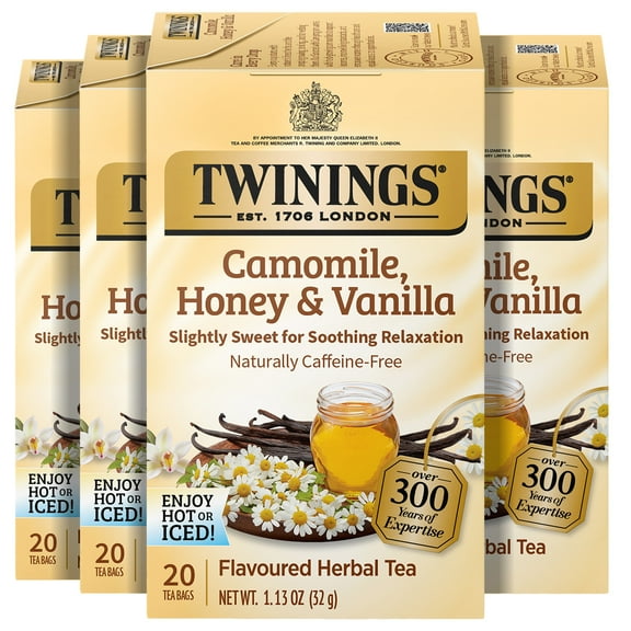 (4 pack) Twinings Camomile, Honey & Vanilla Herbal Tea Individually Wrapped Bags, 20 Count (Pack of 4), Naturally Caffeine-Free, Enjoy Hot or Iced, 80 Teabags