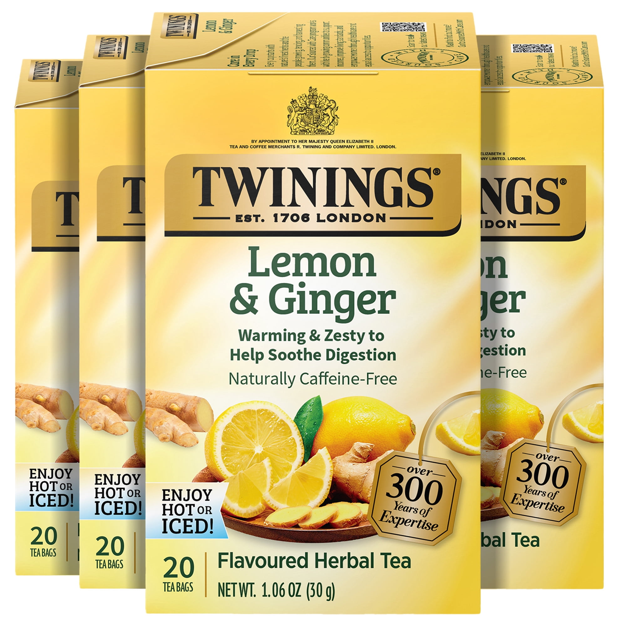 (4 pack) Twinings of London Lemon & Ginger Herbal Tea Bags , 20 Ct., 1.41 oz.