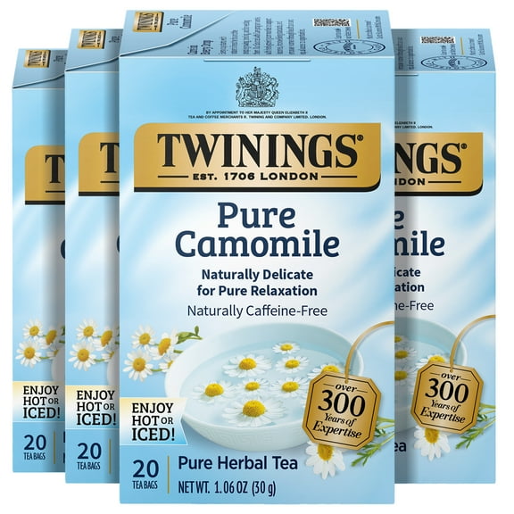 (4 pack) Twinings Pure Camomile Herbal Tea Bags, Caffeine Free, 20 Count Box