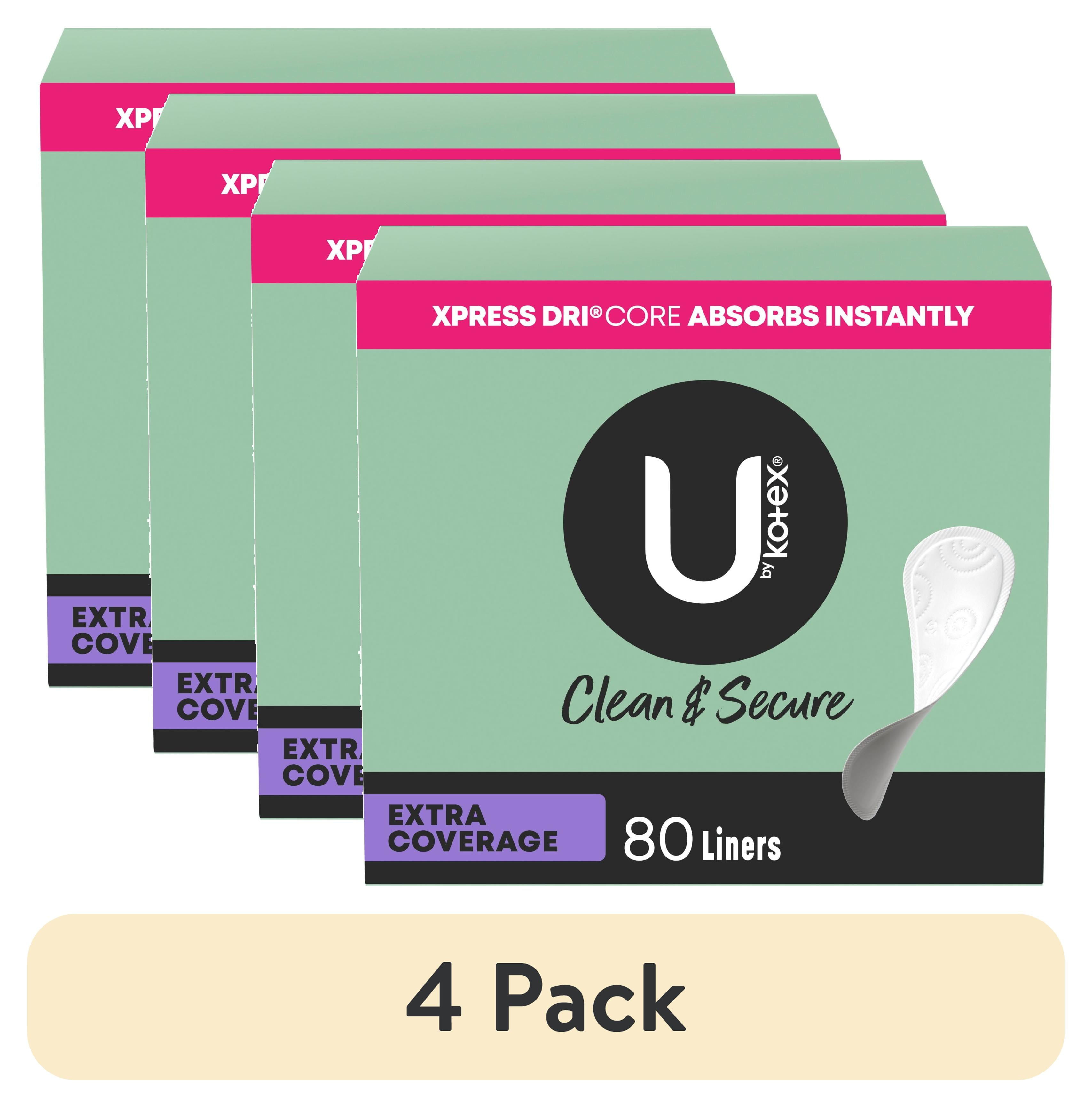(4 pack) U by Kotex Clean & Secure Panty Liners, Light Absorbency, Extra Coverage, 80 Count