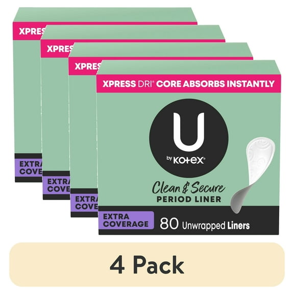 (4 pack) U by Kotex Clean & Secure Panty Liners, Light Absorbency, Extra Coverage, 80 Count