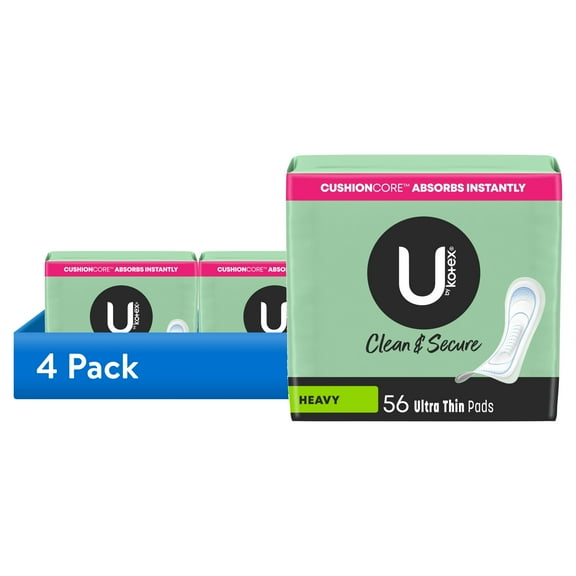 (4 pack) U by Kotex Clean & Secure Ultra Thin Pads, Heavy Absorbency, 56 Count