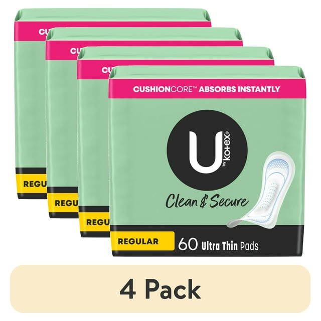 (4 pack) U by Kotex Clean & Secure Ultra Thin Pads, Regular Absorbency, 60 Count