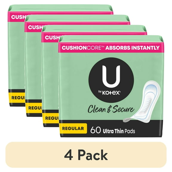(4 pack) U by Kotex Clean & Secure Ultra Thin Pads, Regular Absorbency, 60 Count