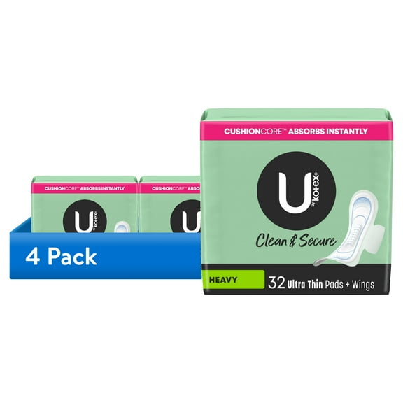 (4 pack) U by Kotex Clean & Secure Ultra Thin Pads with Wings, Heavy Absorbency, 32 Count